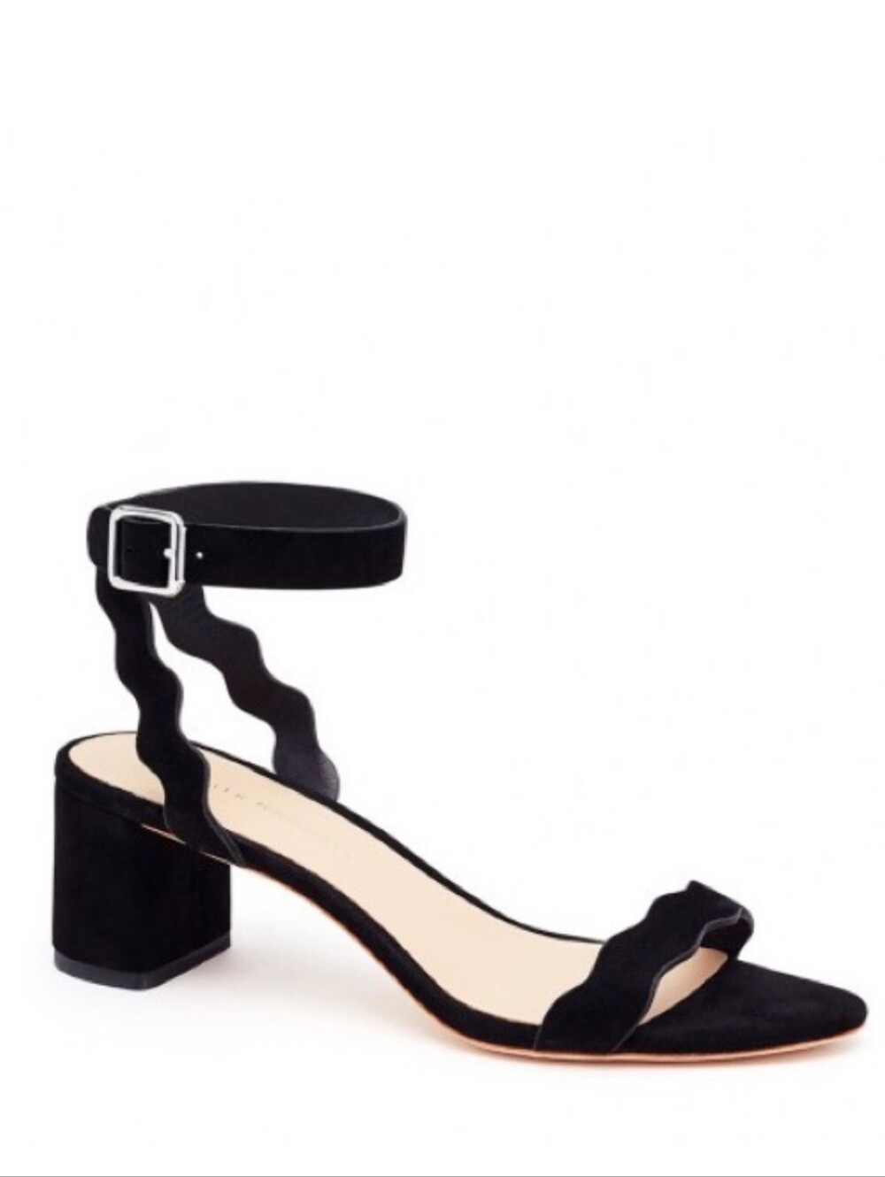Loeffler Randall Black Suede Emi Scalloped Leather Block Heel Sandals